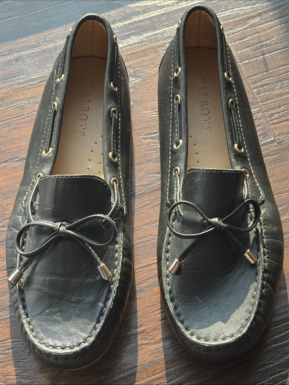 Talbots Black Leather Moccasin Loafers with Bow-Tie Accent